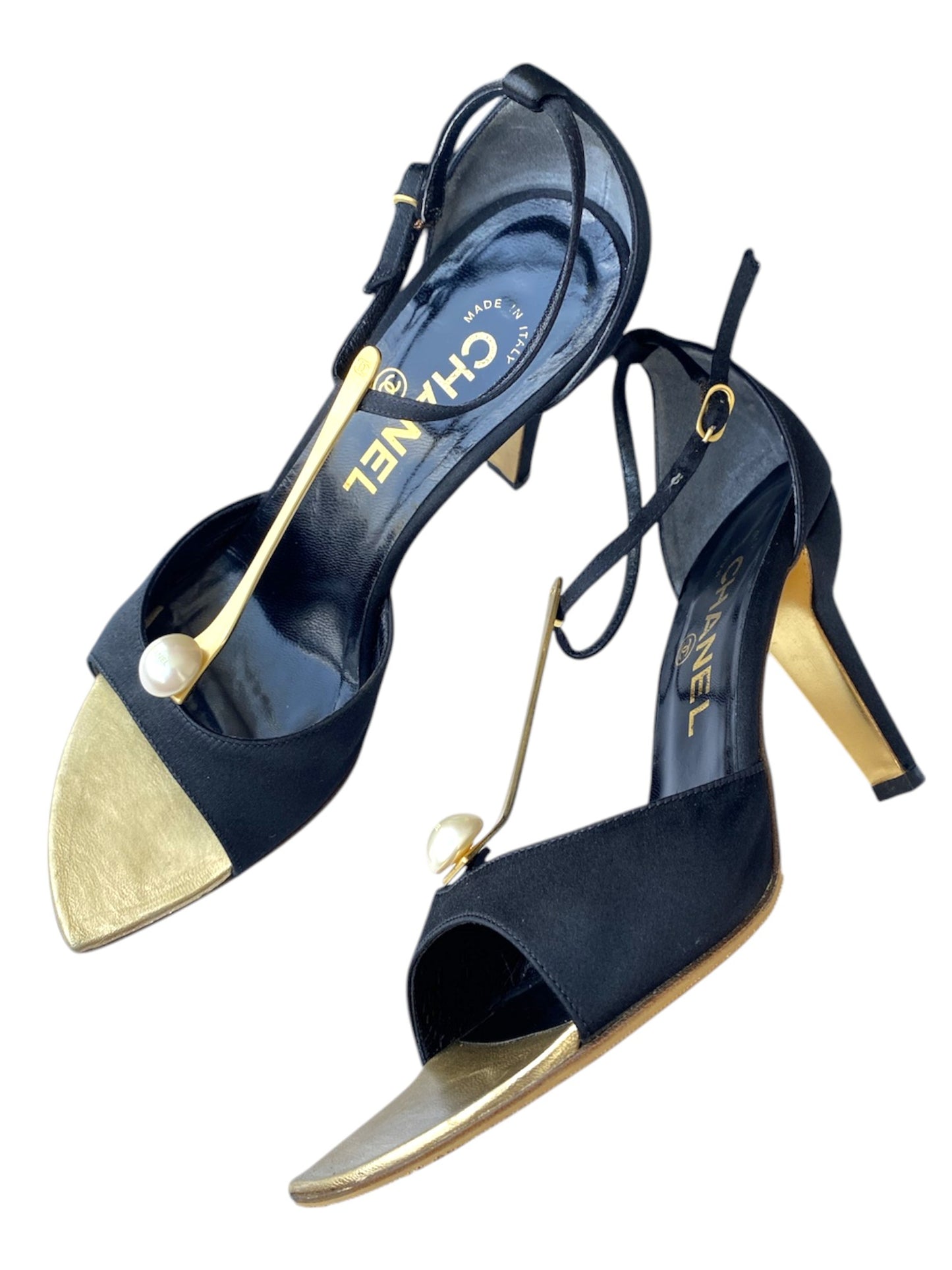 Chanel Heels Open Toe Pearl Strap Black/ Gold