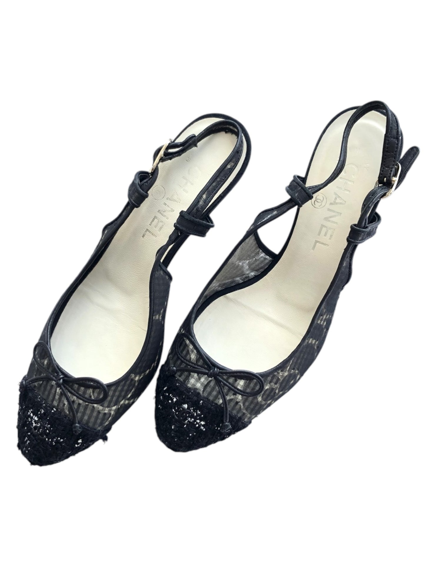 Chanel Heels Slingback Bow Black Lace Tweed