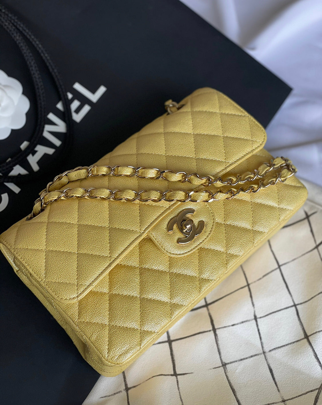 Chanel Classic Small Yellow Iridescent Caviar LGHW