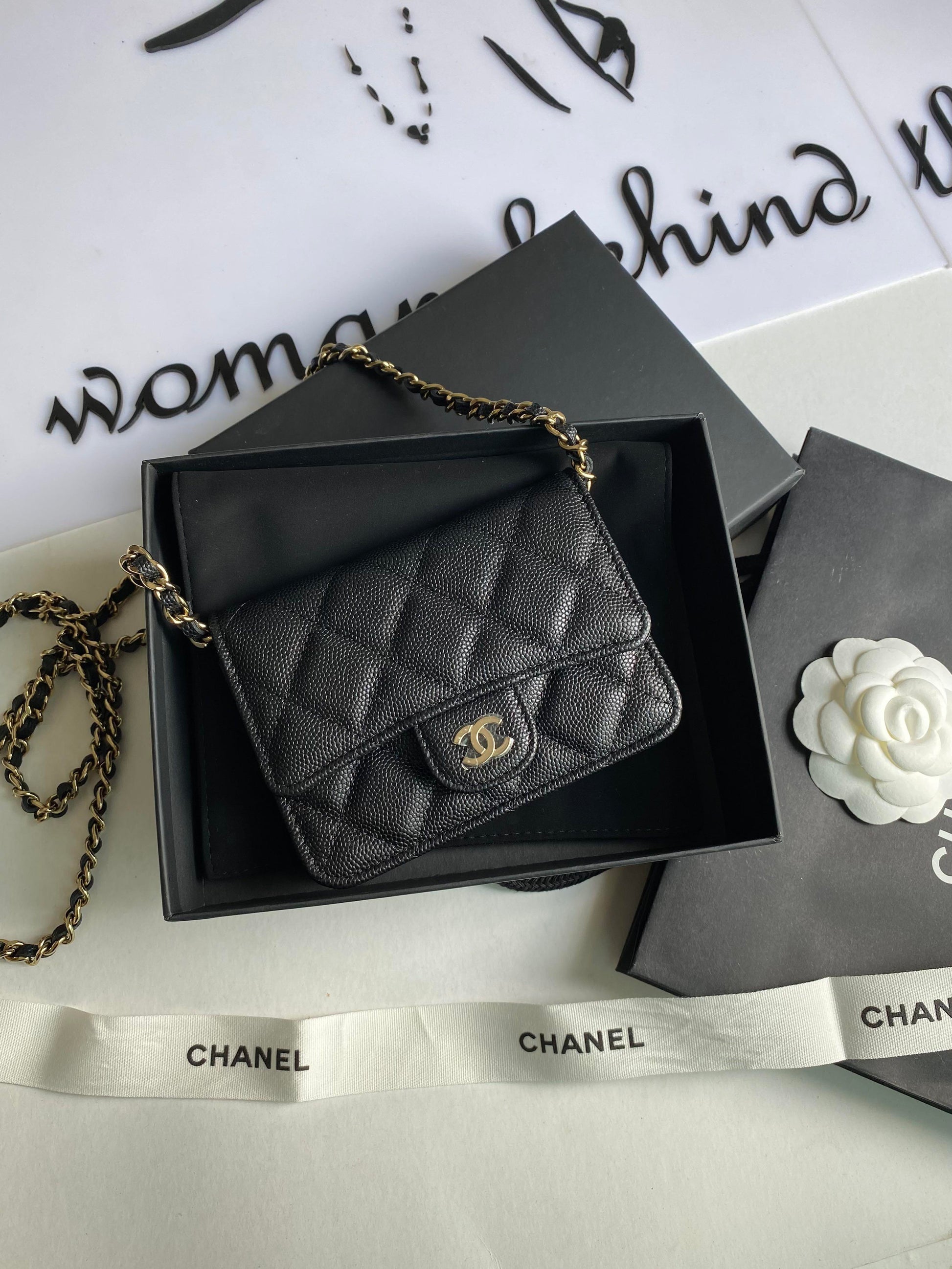 Chanel Card Holder With Chain Black Caviar LGHW