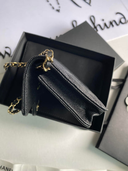 Chanel Card Holder With Chain  Black Caviar LGHW