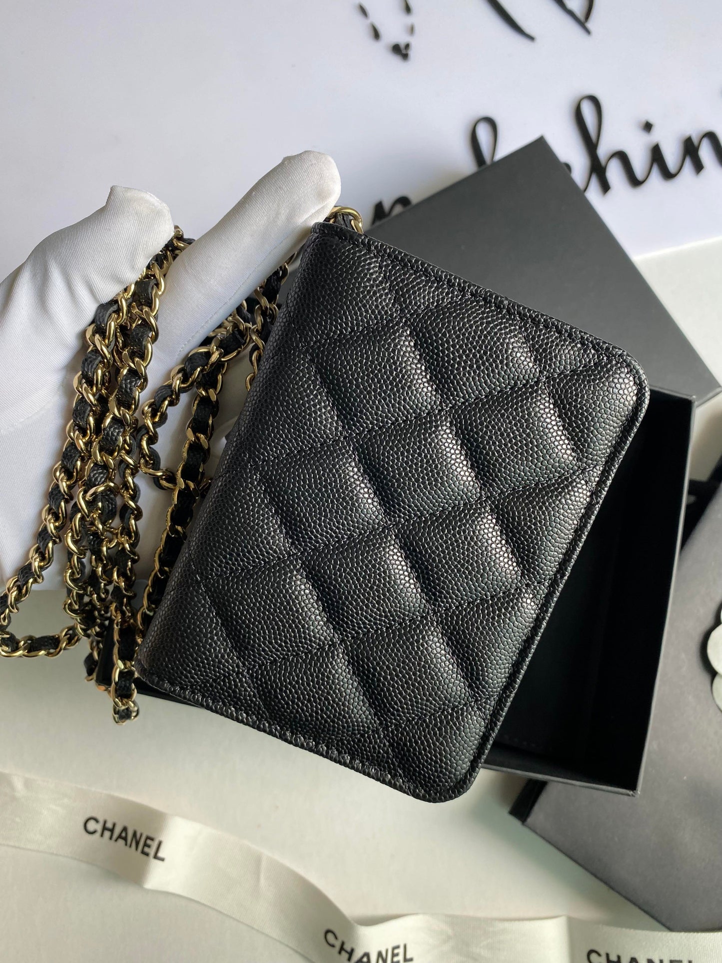 Chanel Card Holder With Chain  Black Caviar LGHW